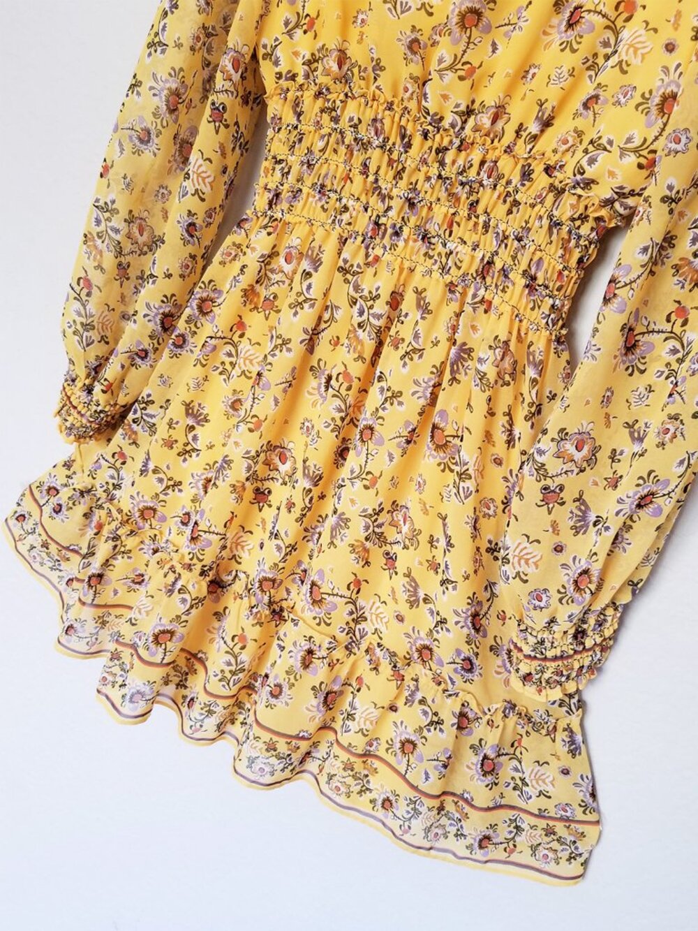 Max Studio Yellow Floral Smocked Waist V-Neck Mini Dress Long Sleeve Size L - Picture 11 of 14